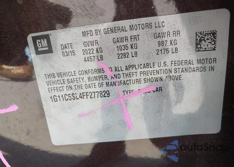 2015 Chevrolet Malibu 1Lt from USA, damaged, VIN 1G11C5SL4FF277829